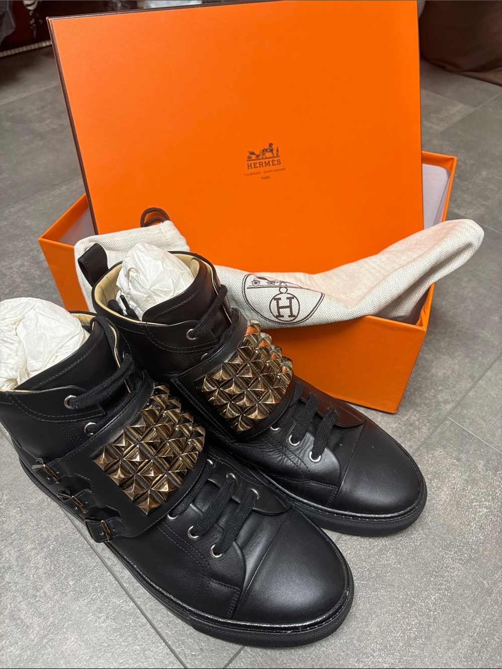 Hermes Lennox Black Leather High-Top Sneakers with Gold Stud Strap